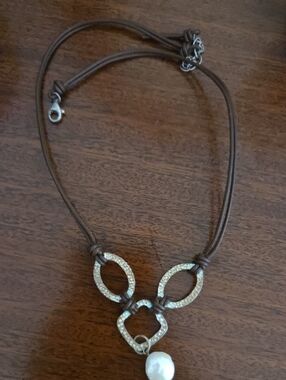 Brown Cord Necklace with Crystal Rings and Pearl Pendant